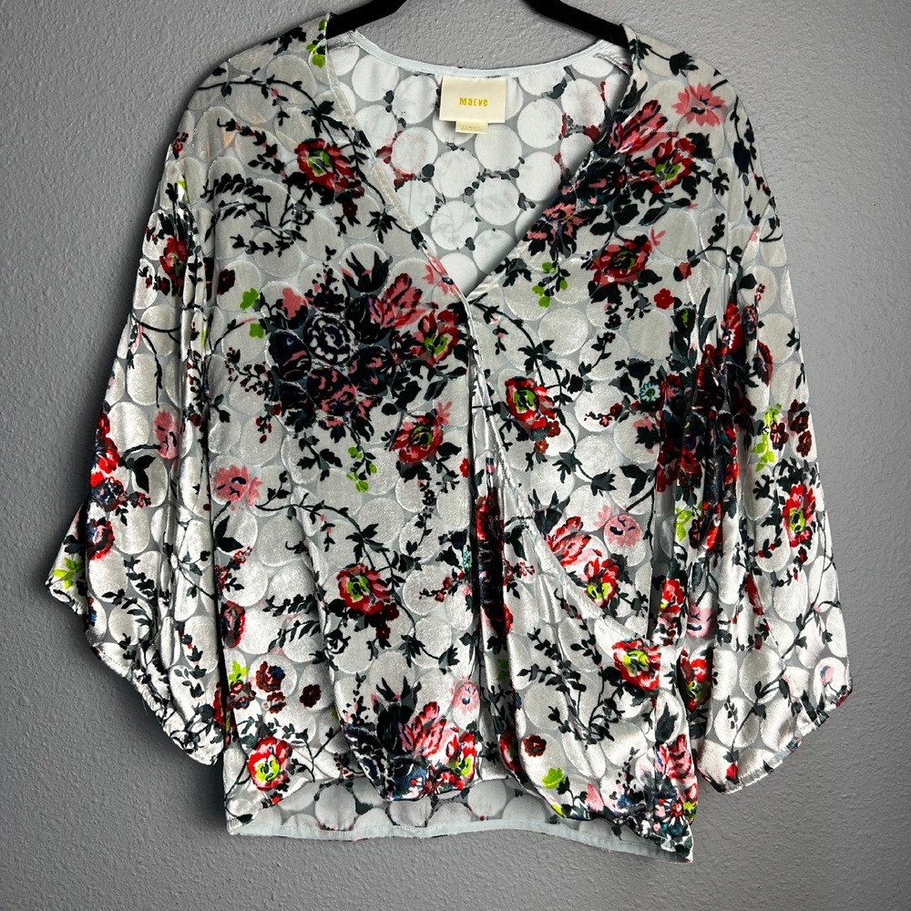 Maeve‎ Floral Velvet Burnout Blouse V-Neck Artsy Kimono Sleeve Top Size XS